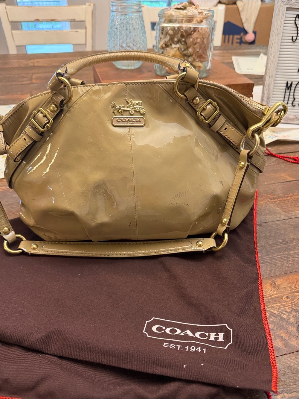 COACH SATCHEL PATENT SOPHIA Camel Leather Purse GUC + Dustbag an Oprah Favorite